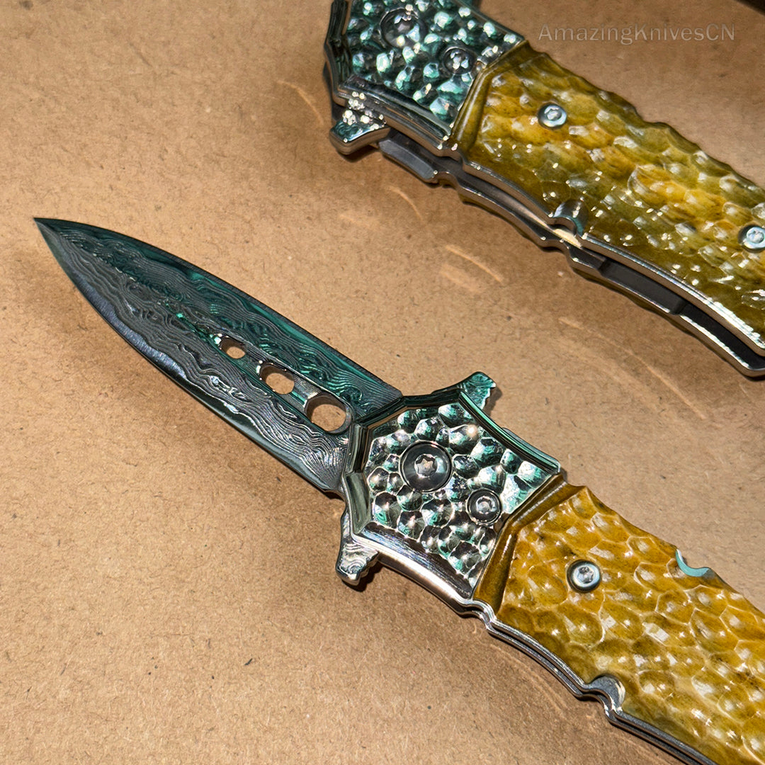 DAMASCUS FLIPPER FOLDING KNIFE DAGGER BONE HANDLE BALL BEARING - AK-HT0458