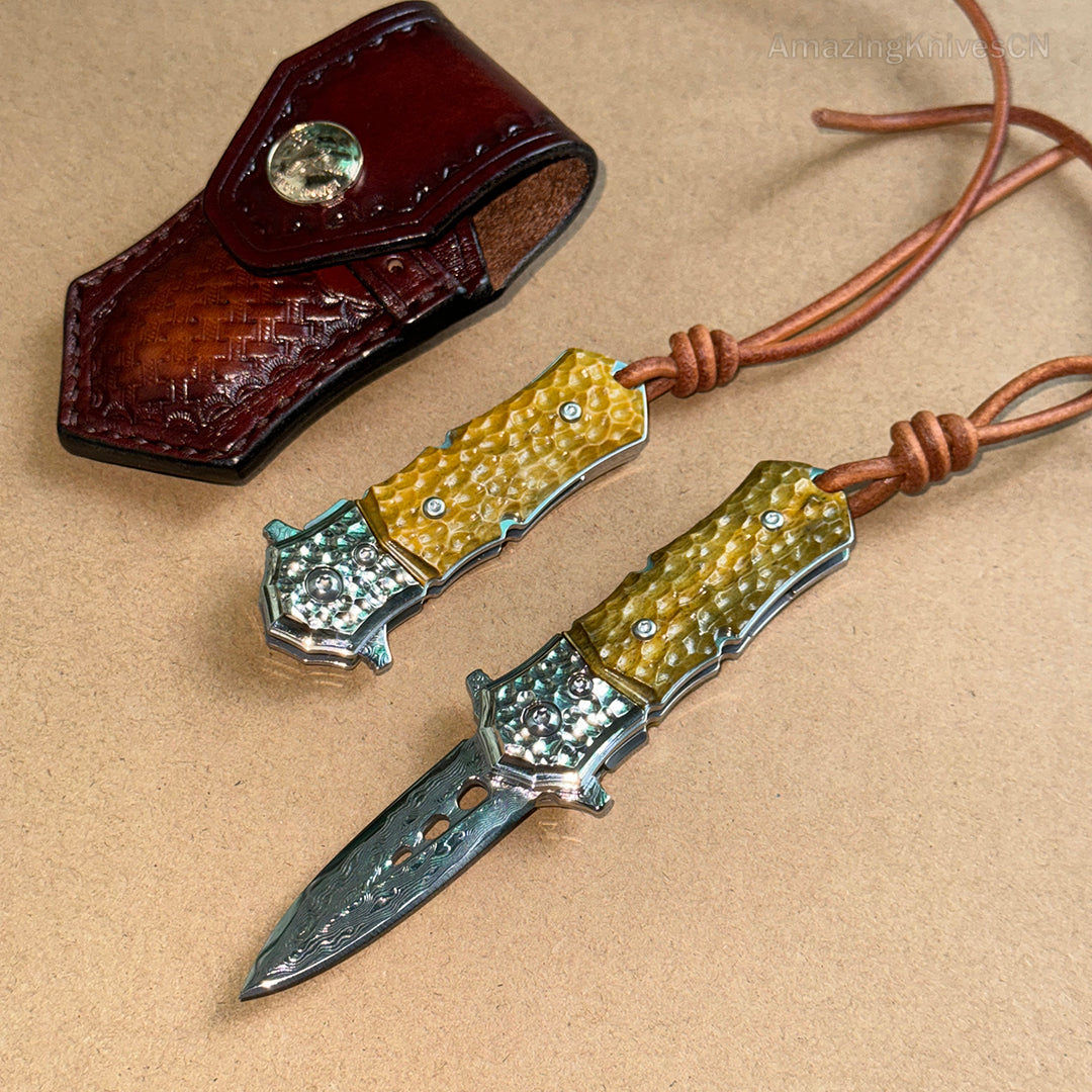 DAMASCUS FLIPPER FOLDING KNIFE DAGGER BONE HANDLE BALL BEARING - AK-HT0458