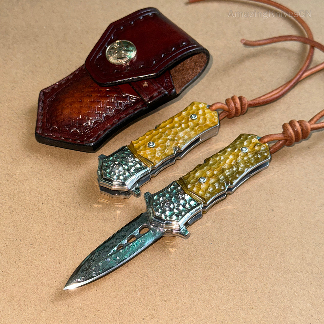 DAMASCUS FLIPPER FOLDING KNIFE DAGGER BONE HANDLE BALL BEARING - AK-HT0458