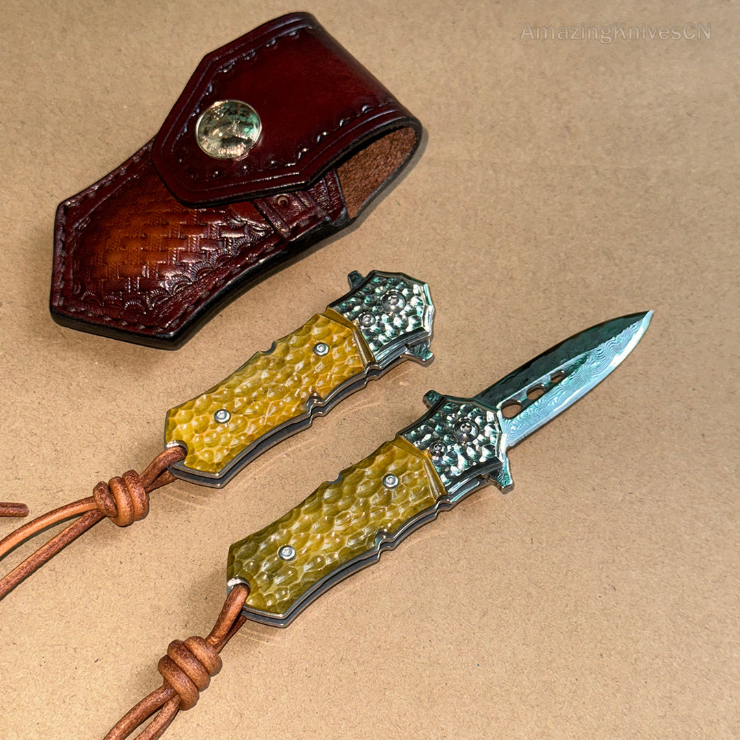 DAMASCUS FLIPPER FOLDING KNIFE DAGGER BONE HANDLE BALL BEARING - AK-HT0458