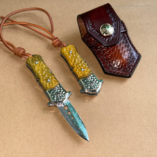 DAMASCUS FLIPPER FOLDING KNIFE DAGGER BONE HANDLE BALL BEARING - AK-HT0458