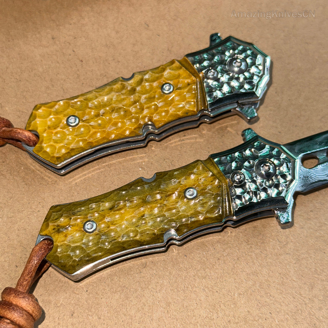 DAMASCUS FLIPPER FOLDING KNIFE DAGGER BONE HANDLE BALL BEARING - AK-HT0458