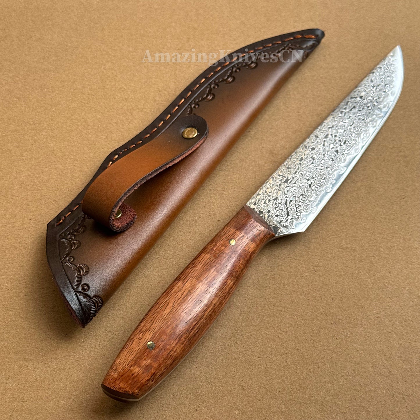 VG10 Damascus Utility Knife Paring Knife Fixed Blade Ebony Handle w/ Sheath - AK-HT0912