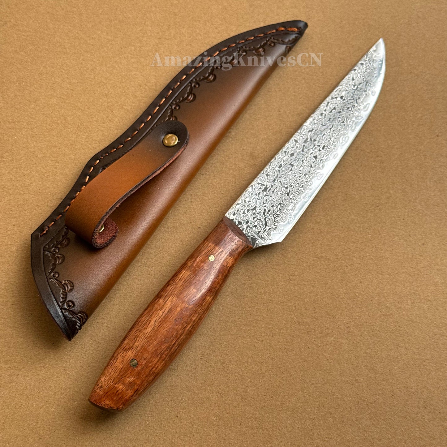 VG10 Damascus Utility Knife Paring Knife Fixed Blade Ebony Handle w/ Sheath - AK-HT0912