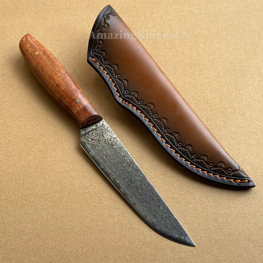 VG10 Damascus Utility Knife Paring Knife Fixed Blade Ebony Handle w/ Sheath - AK-HT0912