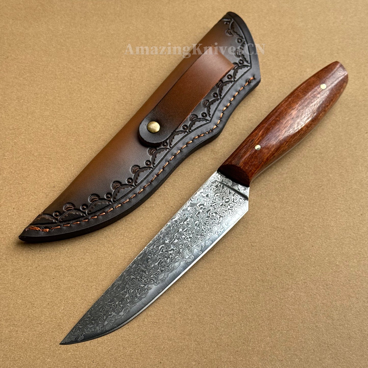 VG10 Damascus Utility Knife Paring Knife Fixed Blade Ebony Handle w/ Sheath - AK-HT0912
