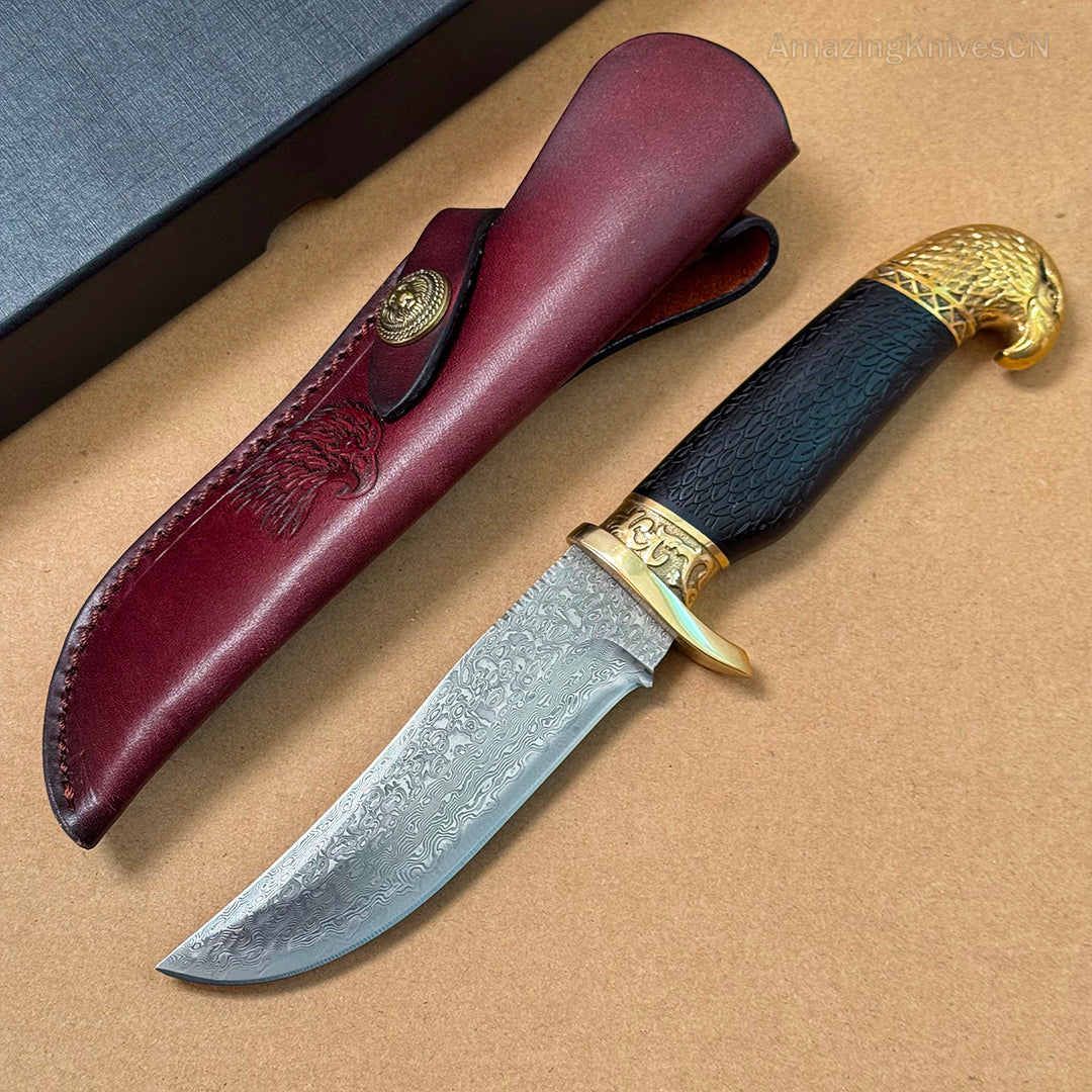 VG10 Damascus Steel Hunting Knife Fixed Blade Ebony Wood Eagle Head - AK-HT0953