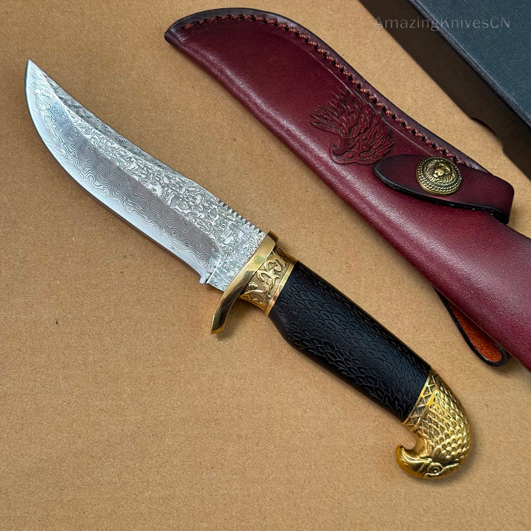VG10 Damascus Steel Hunting Knife Fixed Blade Ebony Wood Eagle Head - AK-HT0953