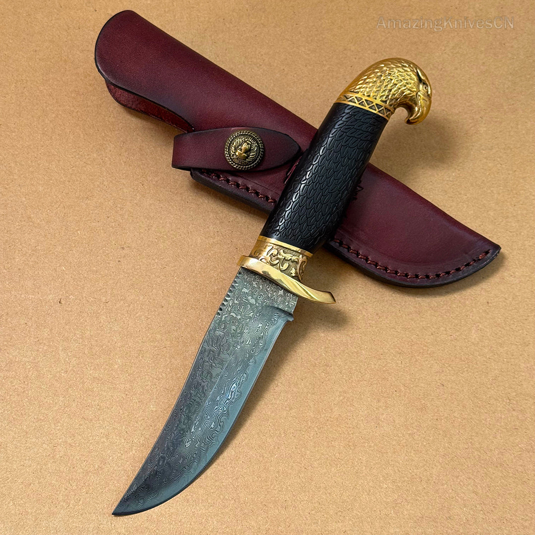 VG10 Damascus Steel Hunting Knife Fixed Blade Ebony Wood Eagle Head - AK-HT0953