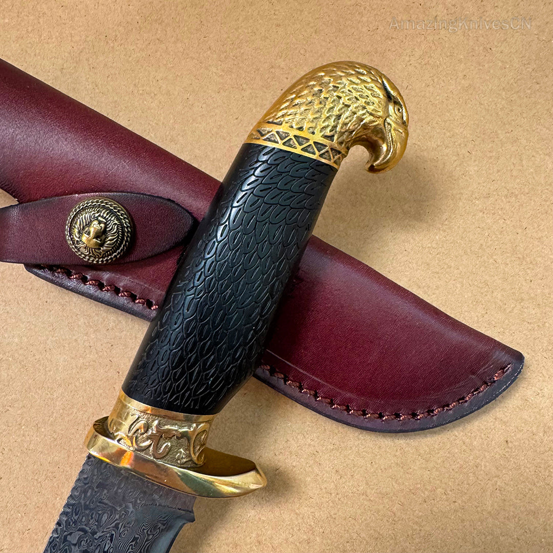 VG10 Damascus Steel Hunting Knife Fixed Blade Ebony Wood Eagle Head - AK-HT0953