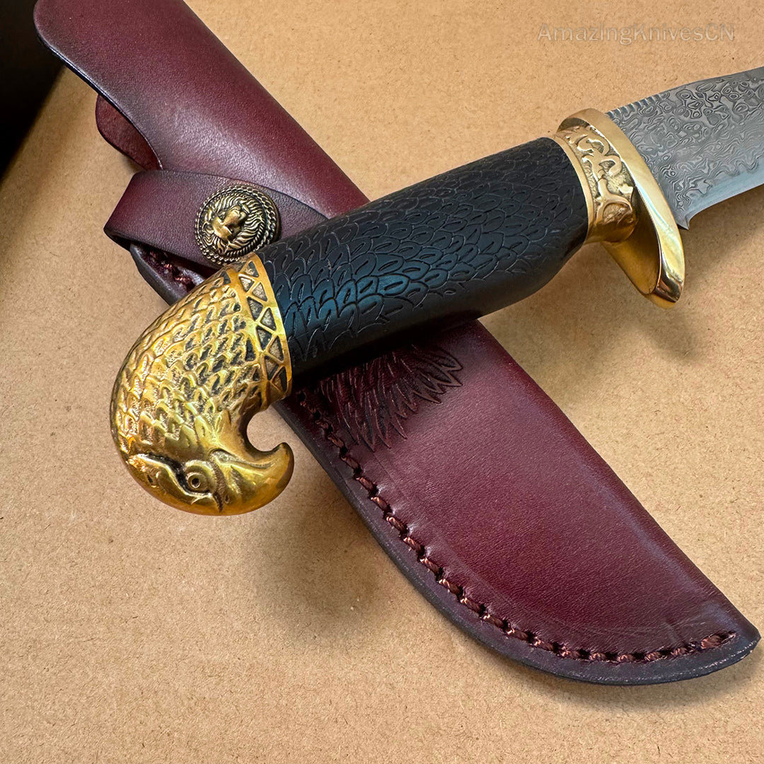 VG10 Damascus Steel Hunting Knife Fixed Blade Ebony Wood Eagle Head - AK-HT0953