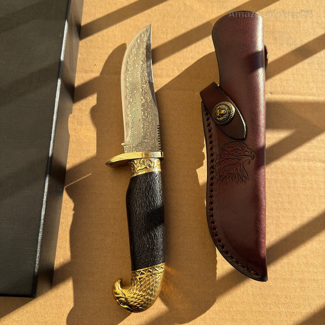 VG10 Damascus Steel Hunting Knife Fixed Blade Ebony Wood Eagle Head - AK-HT0953