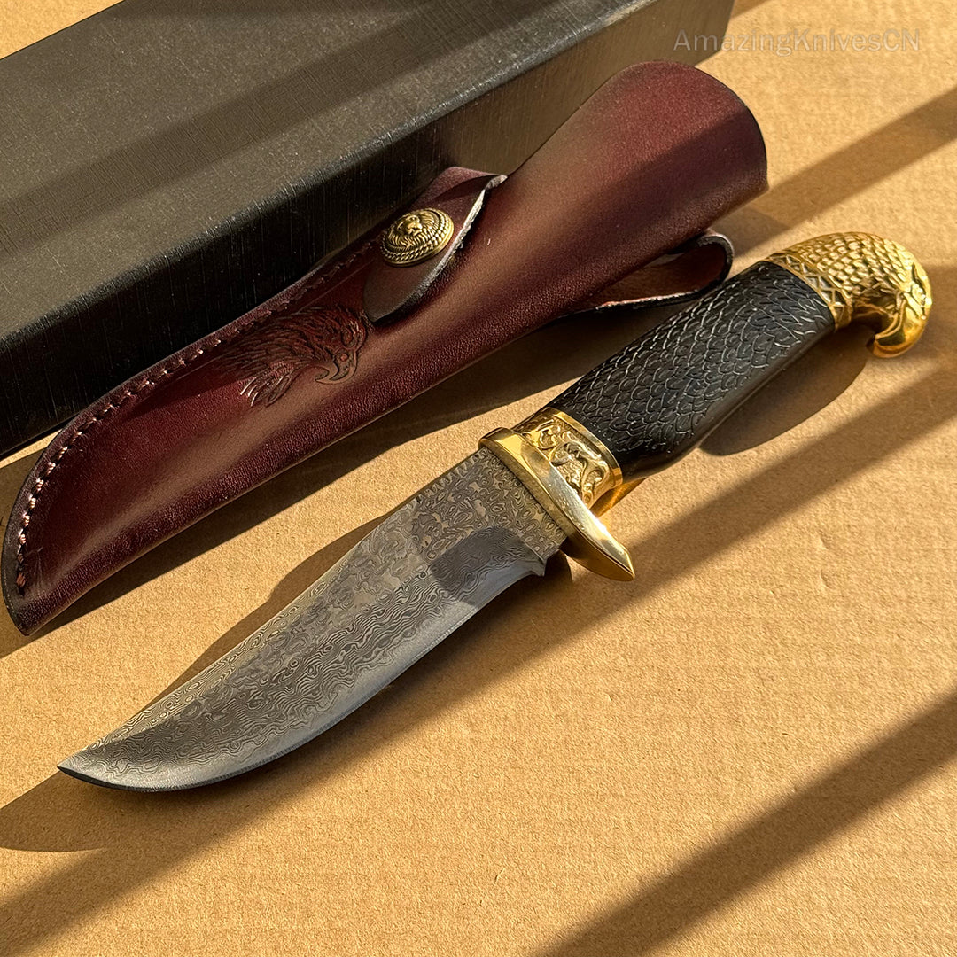 VG10 Damascus Steel Hunting Knife Fixed Blade Ebony Wood Eagle Head - AK-HT0953