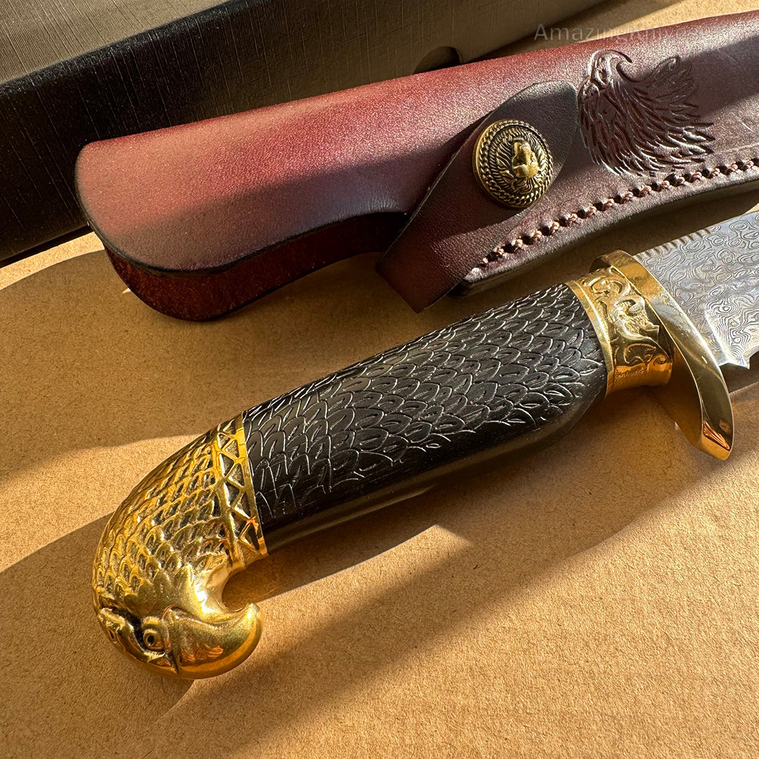VG10 Damascus Steel Hunting Knife Fixed Blade Ebony Wood Eagle Head - AK-HT0953