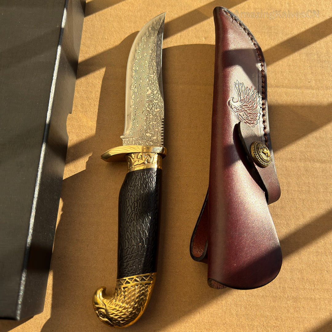 VG10 Damascus Steel Hunting Knife Fixed Blade Ebony Wood Eagle Head - AK-HT0953
