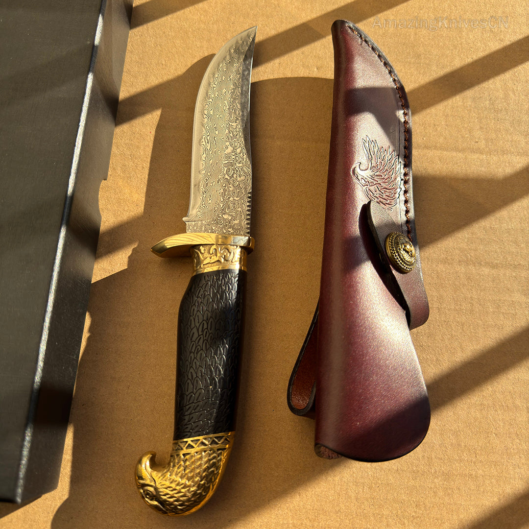 VG10 Damascus Steel Hunting Knife Fixed Blade Ebony Wood Eagle Head - AK-HT0953