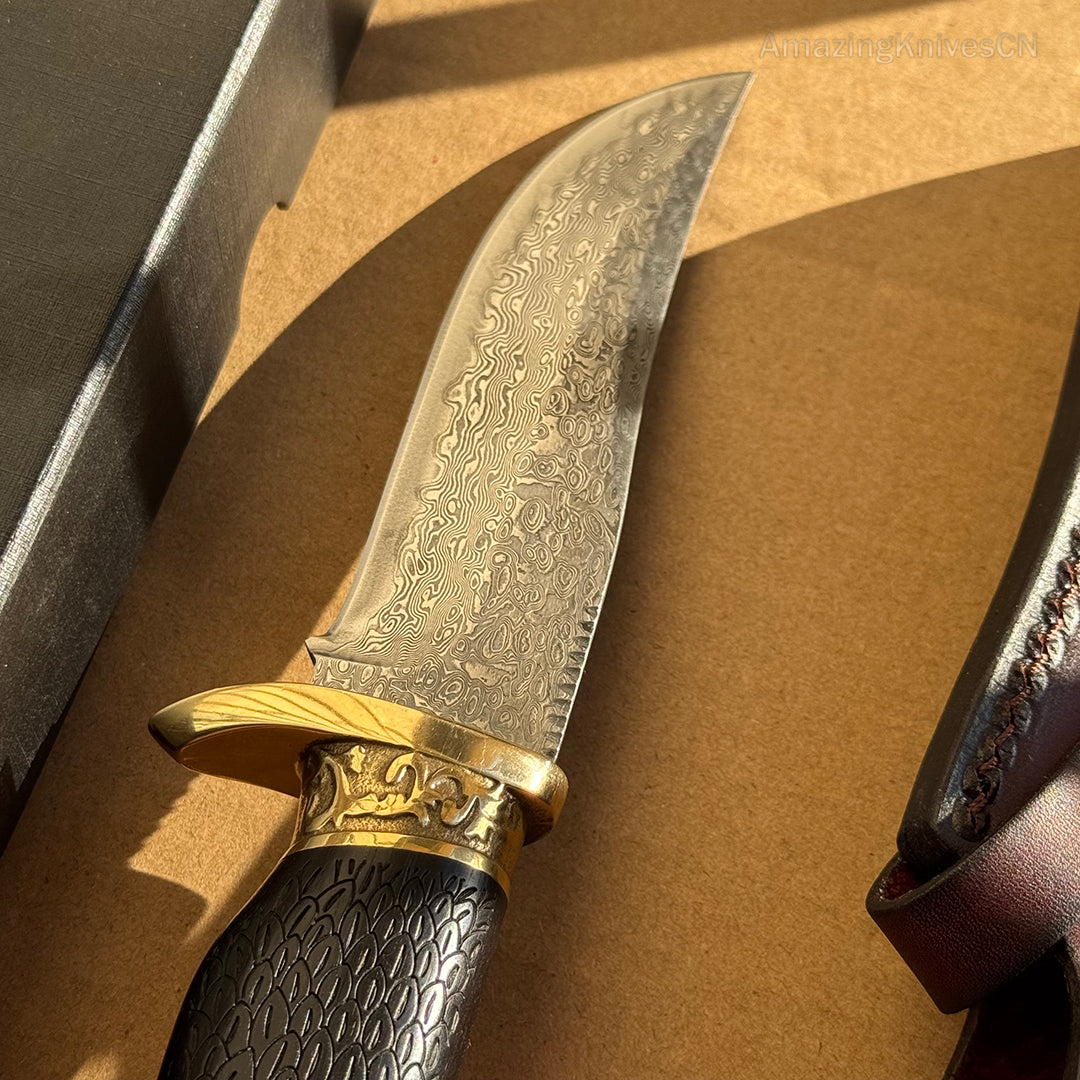 VG10 Damascus Steel Hunting Knife Fixed Blade Ebony Wood Eagle Head - AK-HT0953