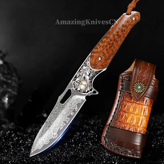 Bamboo Eye – VG10 Damascus Pocket Knife Snakewood Handle with Clip - AK-HT1006