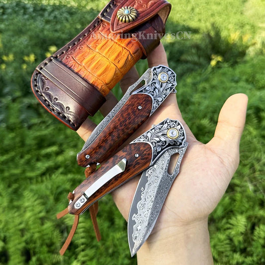 Bamboo Eye – VG10 Damascus Pocket Knife Snakewood Handle with Clip - AK-HT1006