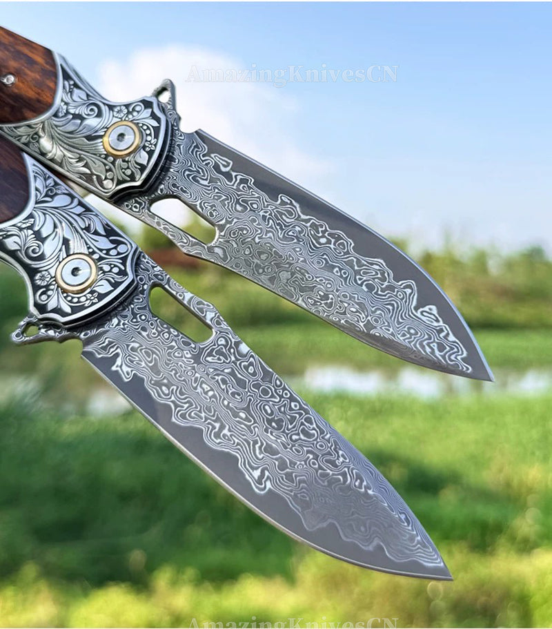 Bamboo Eye – VG10 Damascus Pocket Knife Snakewood Handle with Clip - AK-HT1006