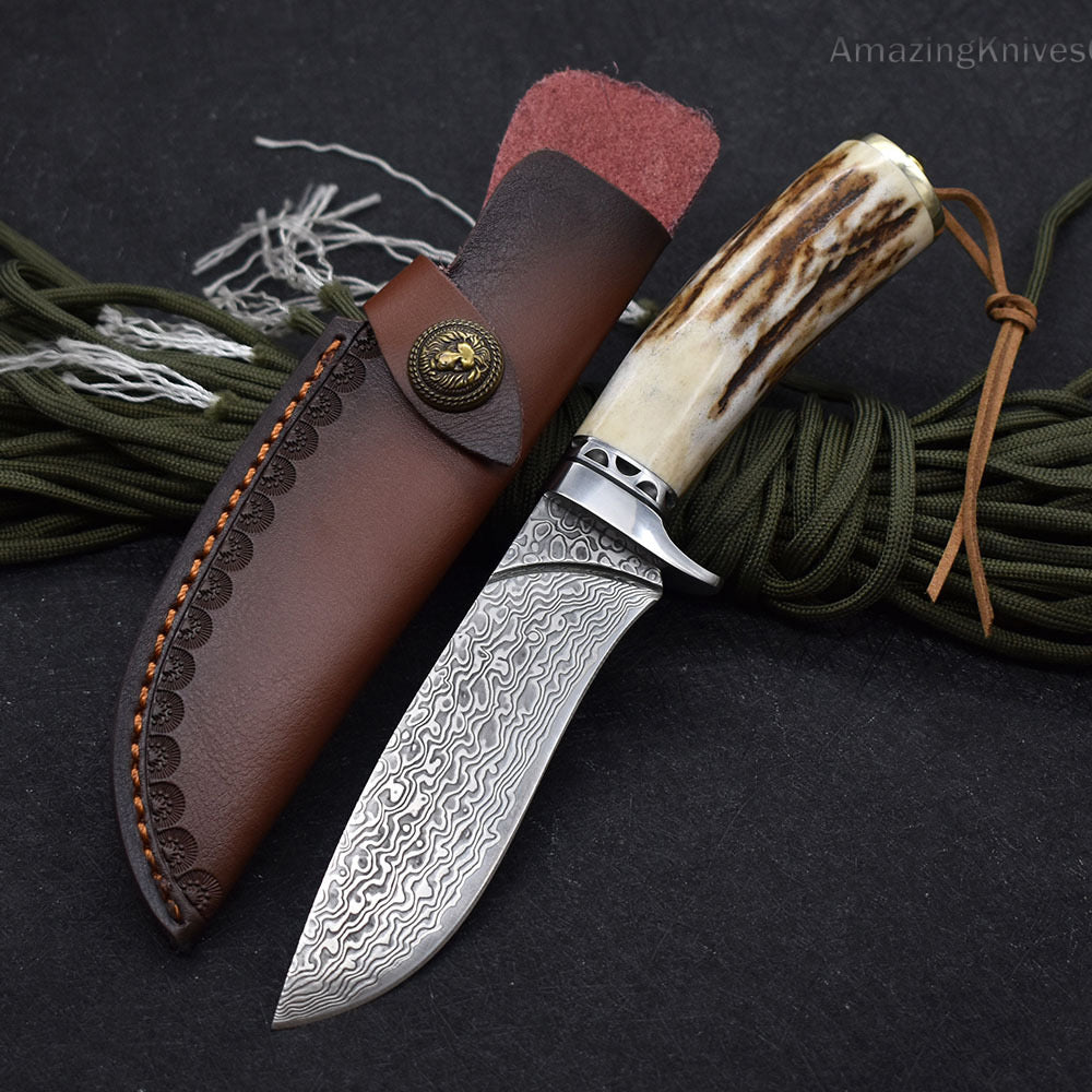 Damascus Survival Outdoor Camping Hunting Knife Fixed Blade Stag Antler w/ Sheath - AK-HT0971