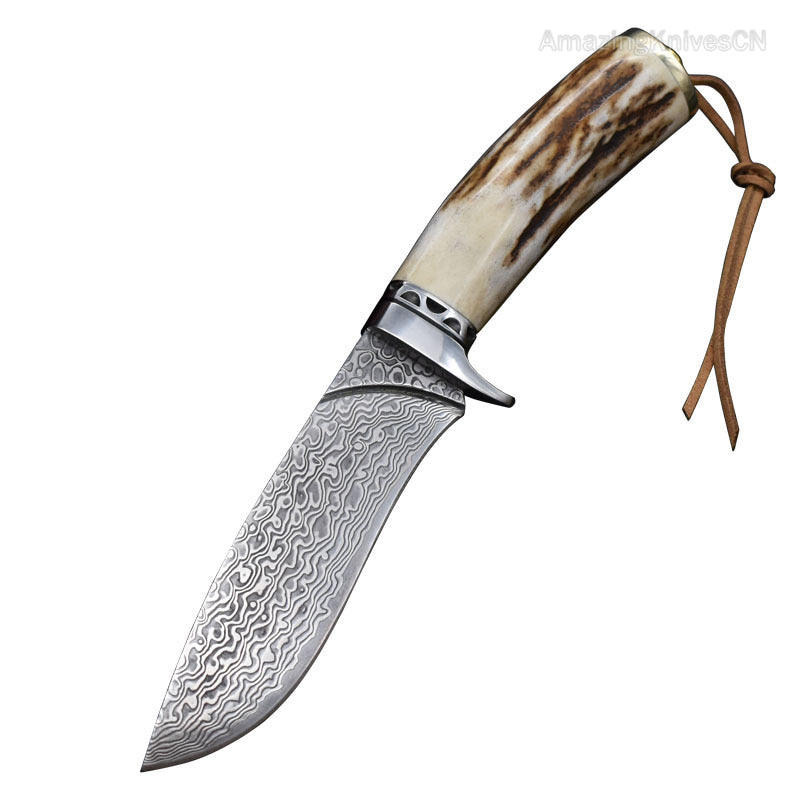 Damascus Survival Outdoor Camping Hunting Knife Fixed Blade Stag Antler w/ Sheath - AK-HT0971