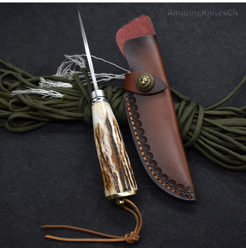 Damascus Survival Outdoor Camping Hunting Knife Fixed Blade Stag Antler w/ Sheath - AK-HT0971