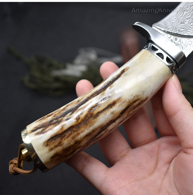 Damascus Survival Outdoor Camping Hunting Knife Fixed Blade Stag Antler w/ Sheath - AK-HT0971