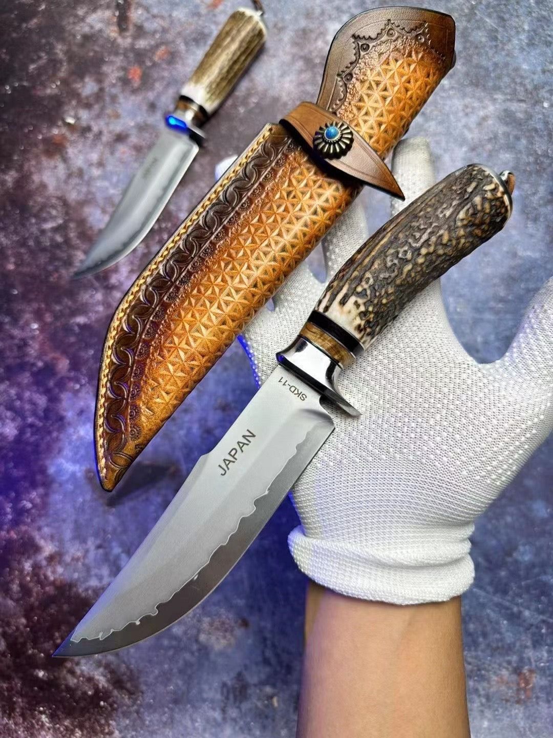 Handmade Japanese Skd-11 Steel Hunting Knife Survival Bowie Knife Full Tang Horn Handle - AK-HT0830