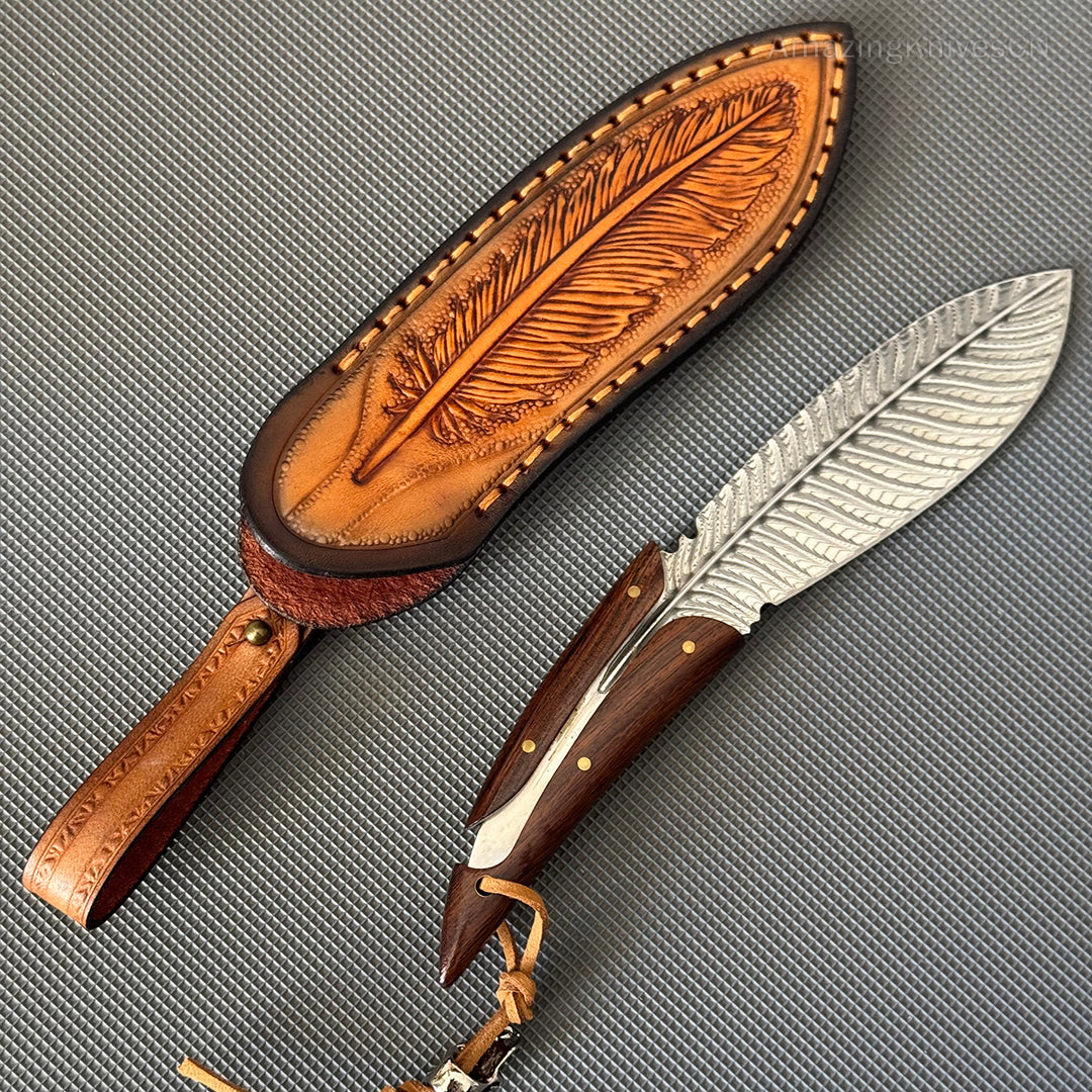 HANDCRAFTED KNIVES FIXED BLADE DAMASCUS FULL TANG BLADE FEATHER KNIFE - AK-HT0510