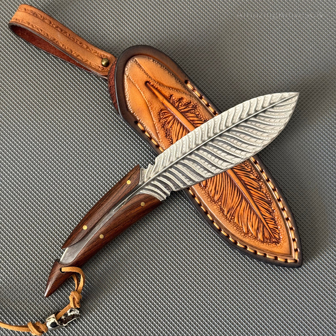 HANDCRAFTED KNIVES FIXED BLADE DAMASCUS FULL TANG BLADE FEATHER KNIFE - AK-HT0510