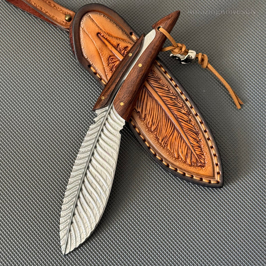 HANDCRAFTED KNIVES FIXED BLADE DAMASCUS FULL TANG BLADE FEATHER KNIFE - AK-HT0510