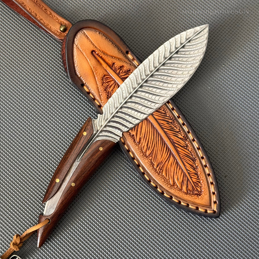 HANDCRAFTED KNIVES FIXED BLADE DAMASCUS FULL TANG BLADE FEATHER KNIFE - AK-HT0510
