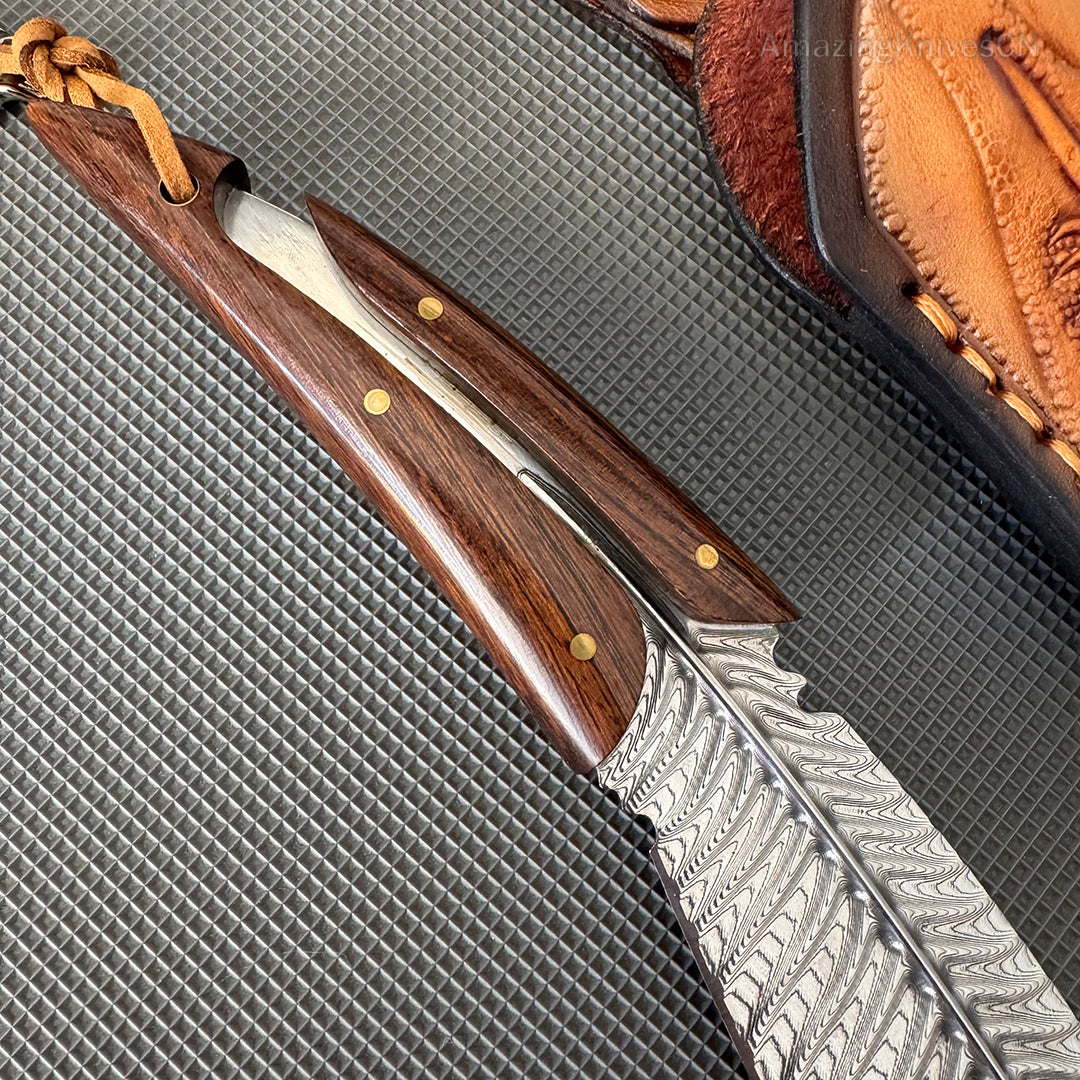 HANDCRAFTED KNIVES FIXED BLADE DAMASCUS FULL TANG BLADE FEATHER KNIFE - AK-HT0510