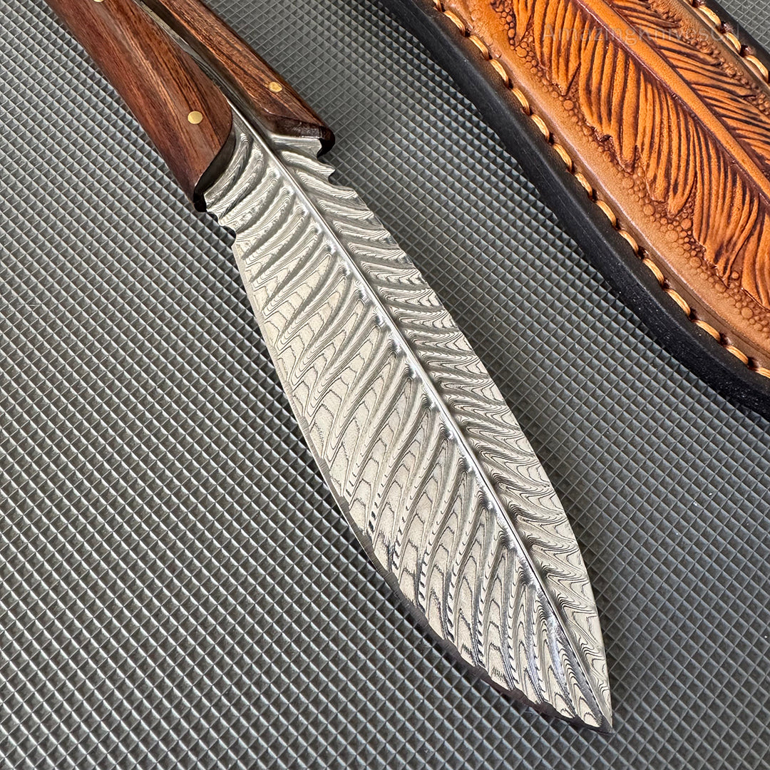 HANDCRAFTED KNIVES FIXED BLADE DAMASCUS FULL TANG BLADE FEATHER KNIFE - AK-HT0510