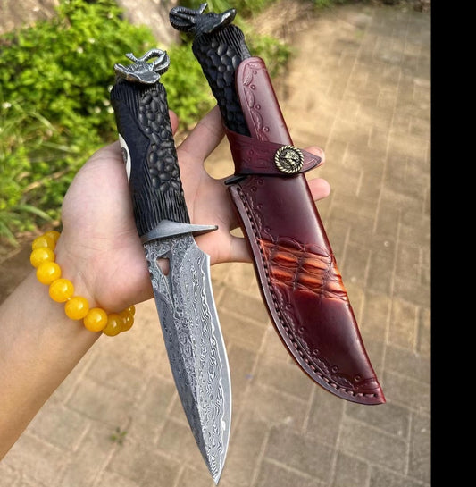 Damascus Fixed Blade Vg10 Hunting Knife Handcrafted Carved Elephant Head Black - AK-HT0828