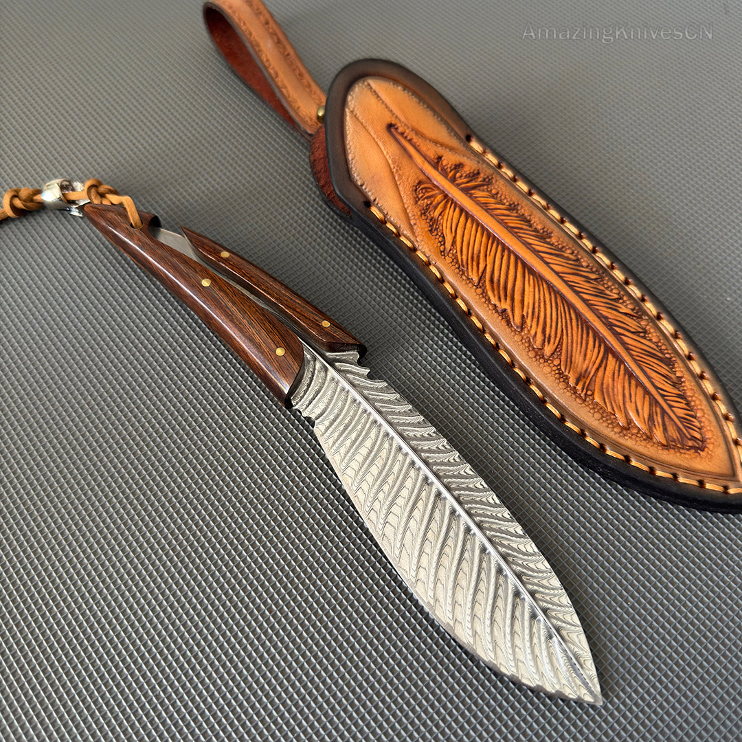 HANDCRAFTED KNIVES FIXED BLADE DAMASCUS FULL TANG BLADE FEATHER KNIFE - AK-HT0510