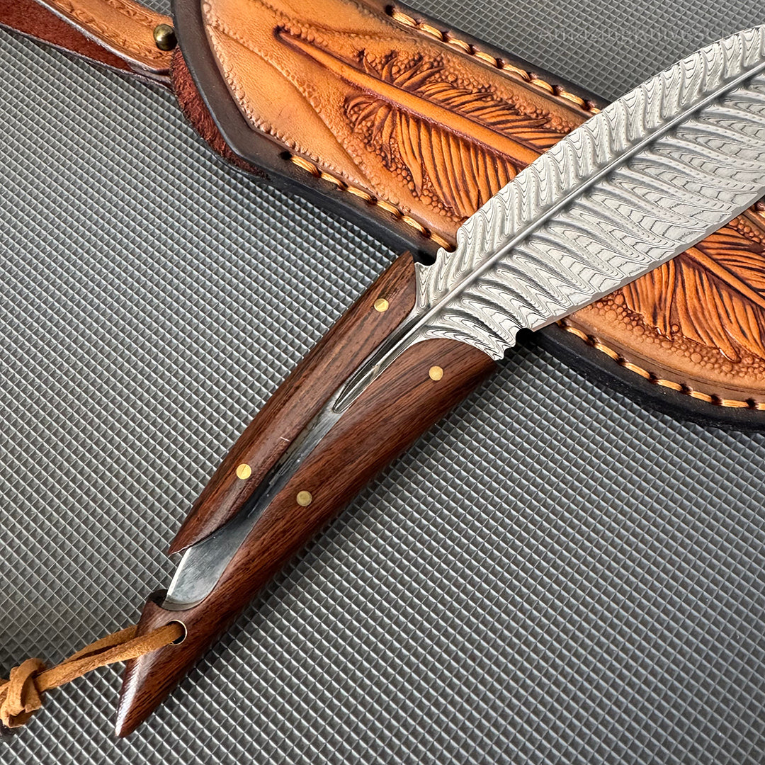 HANDCRAFTED KNIVES FIXED BLADE DAMASCUS FULL TANG BLADE FEATHER KNIFE - AK-HT0510