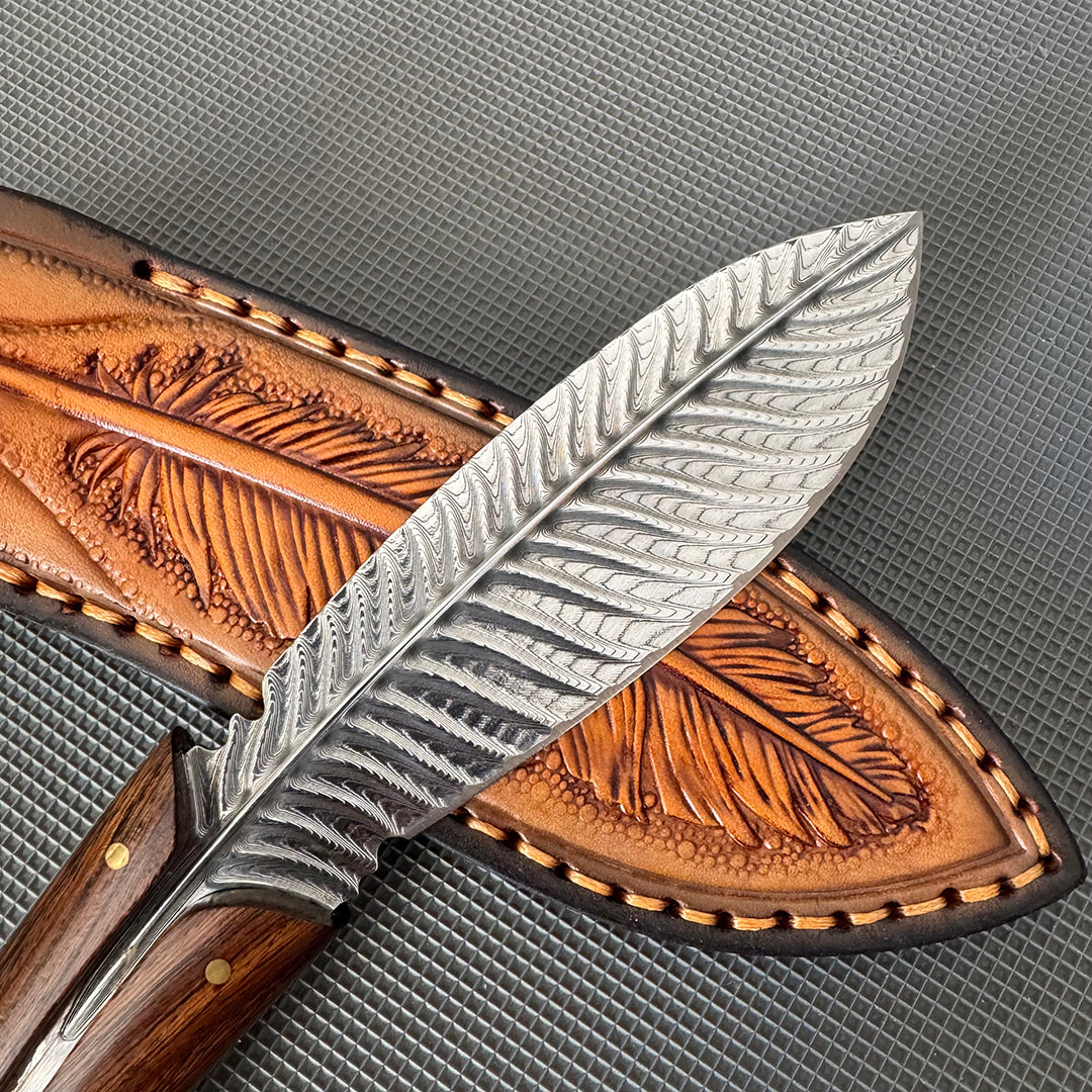 HANDCRAFTED KNIVES FIXED BLADE DAMASCUS FULL TANG BLADE FEATHER KNIFE - AK-HT0510
