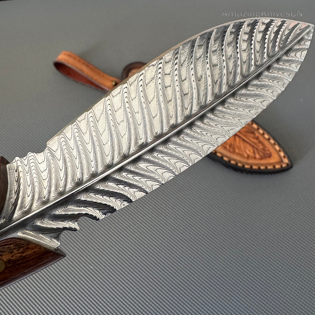 HANDCRAFTED KNIVES FIXED BLADE DAMASCUS FULL TANG BLADE FEATHER KNIFE - AK-HT0510