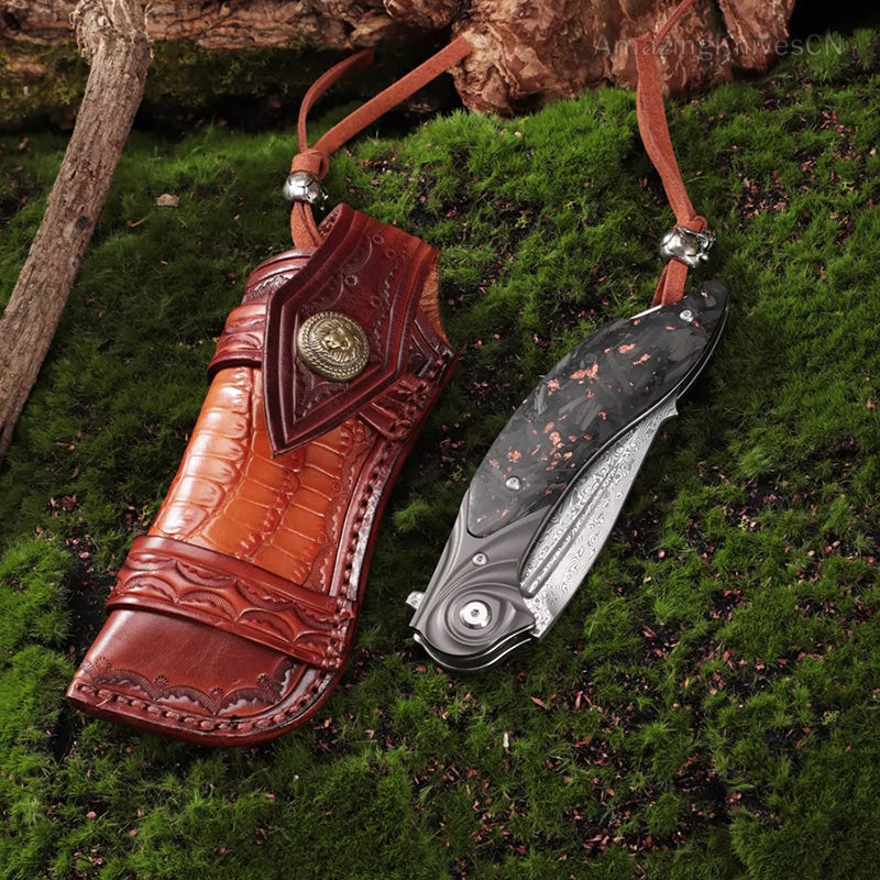 Handmade Japanese Damascus Steel Folding Knife Pocket Knives Carbon Fiber Handle - AK-HT0896