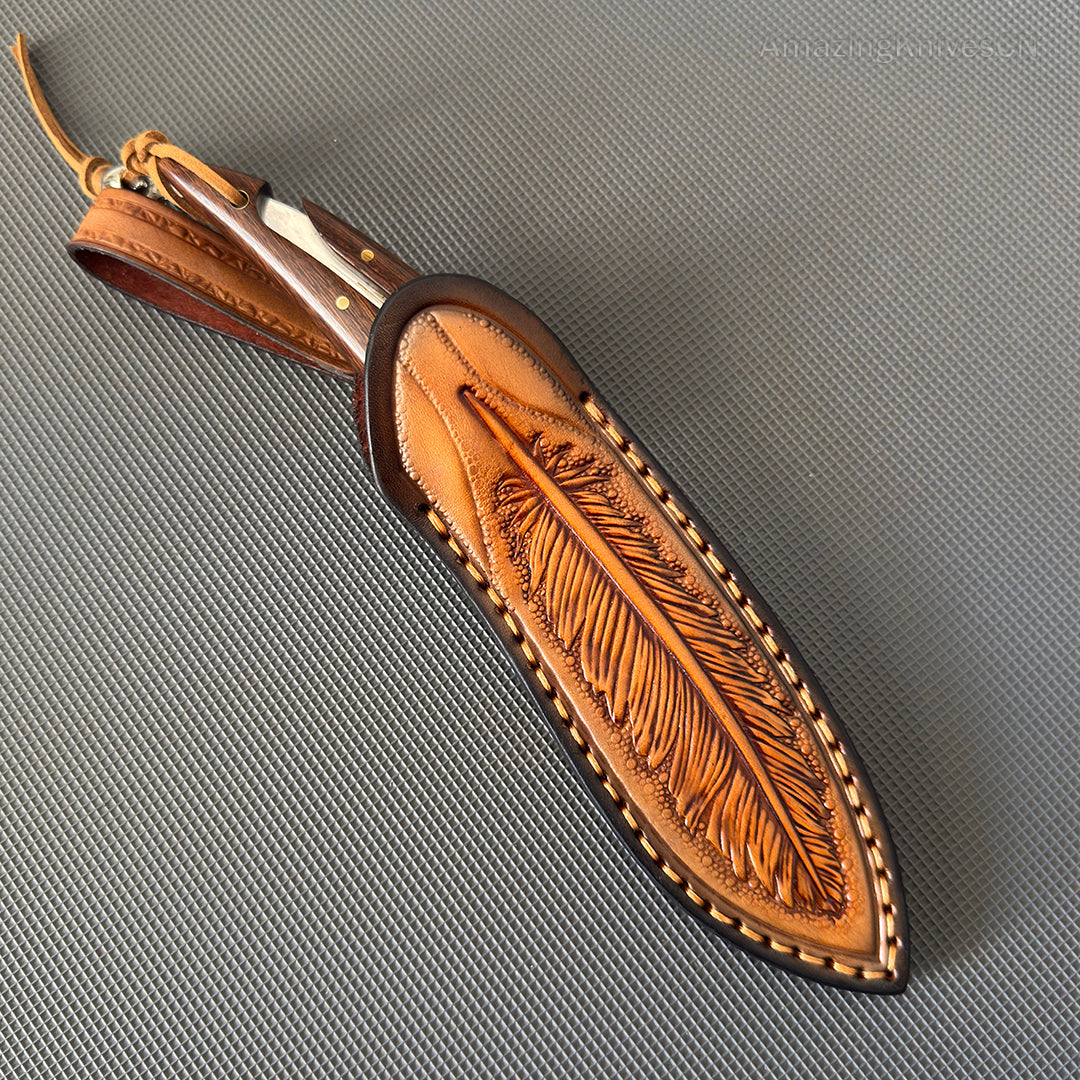 HANDCRAFTED KNIVES FIXED BLADE DAMASCUS FULL TANG BLADE FEATHER KNIFE - AK-HT0510