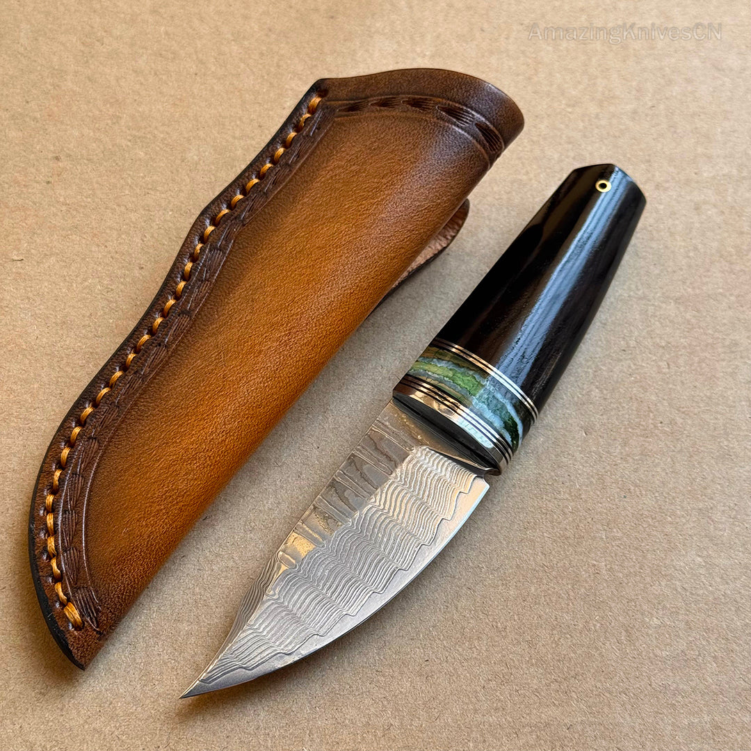 Collectible VG10 Damascus Utility Knife Fixed Blade Ebony Handle w/ Sheath - AK-HT0907