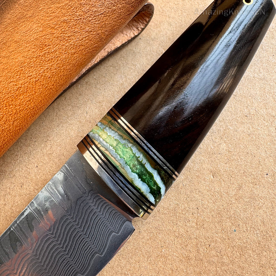 Collectible VG10 Damascus Utility Knife Fixed Blade Ebony Handle w/ Sheath - AK-HT0907