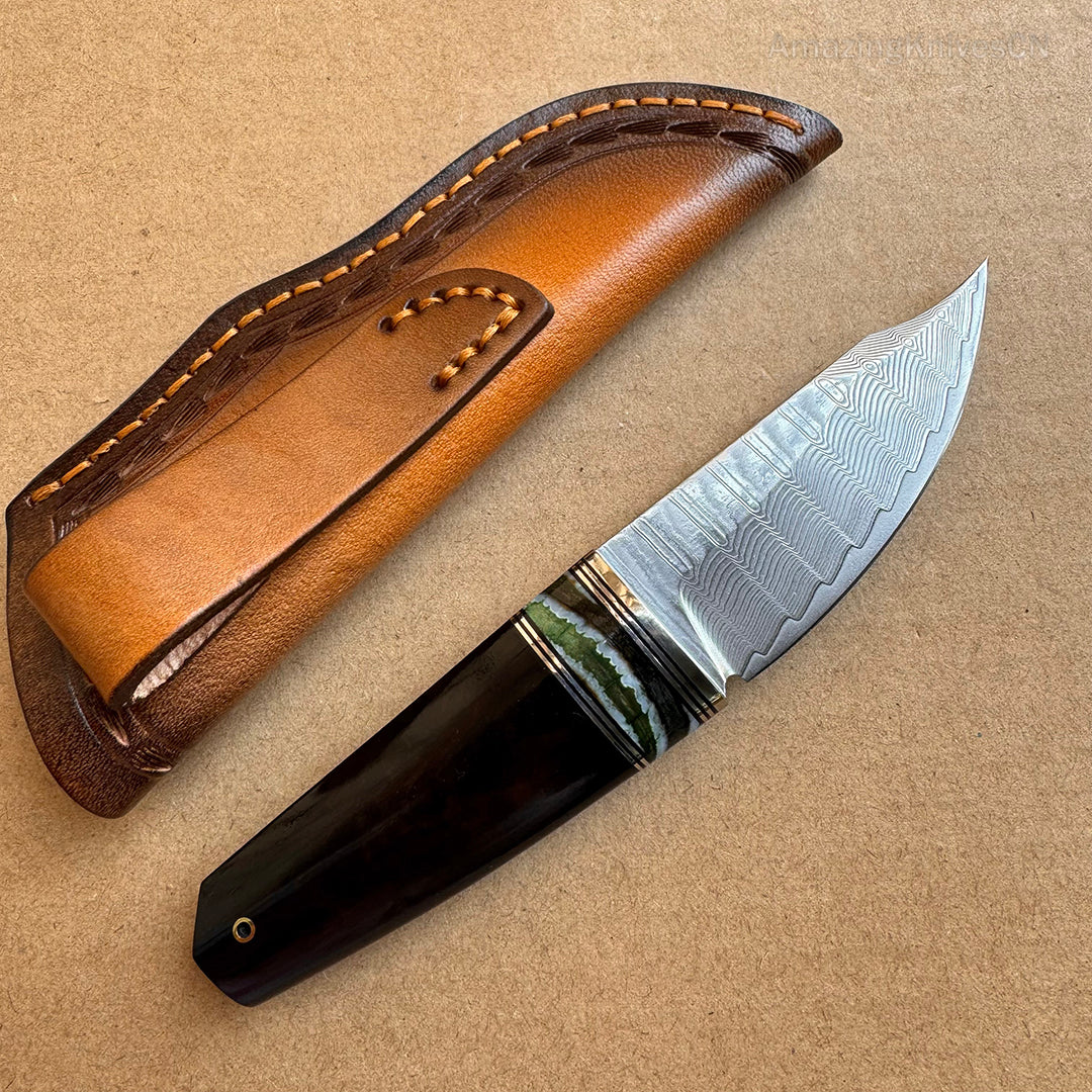 Collectible VG10 Damascus Utility Knife Fixed Blade Ebony Handle w/ Sheath - AK-HT0907