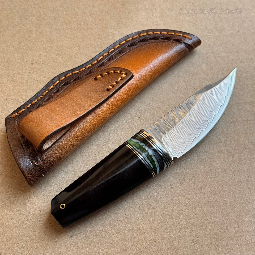 Collectible VG10 Damascus Utility Knife Fixed Blade Ebony Handle w/ Sheath - AK-HT0907