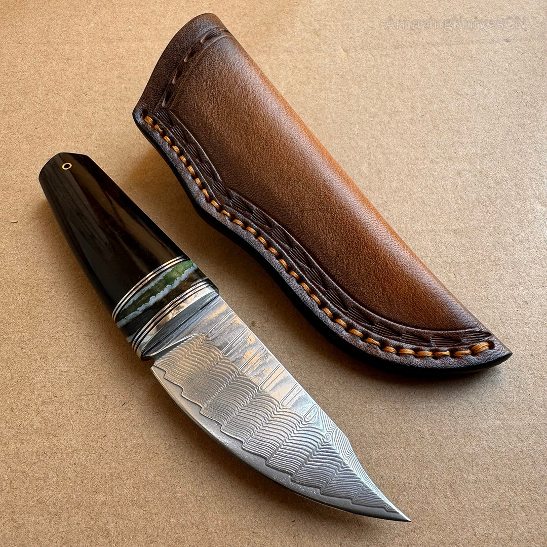 Collectible VG10 Damascus Utility Knife Fixed Blade Ebony Handle w/ Sheath - AK-HT0907