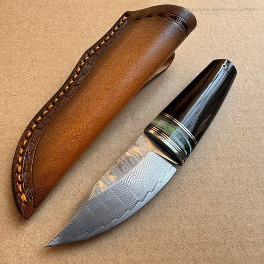 Collectible VG10 Damascus Utility Knife Fixed Blade Ebony Handle w/ Sheath - AK-HT0907