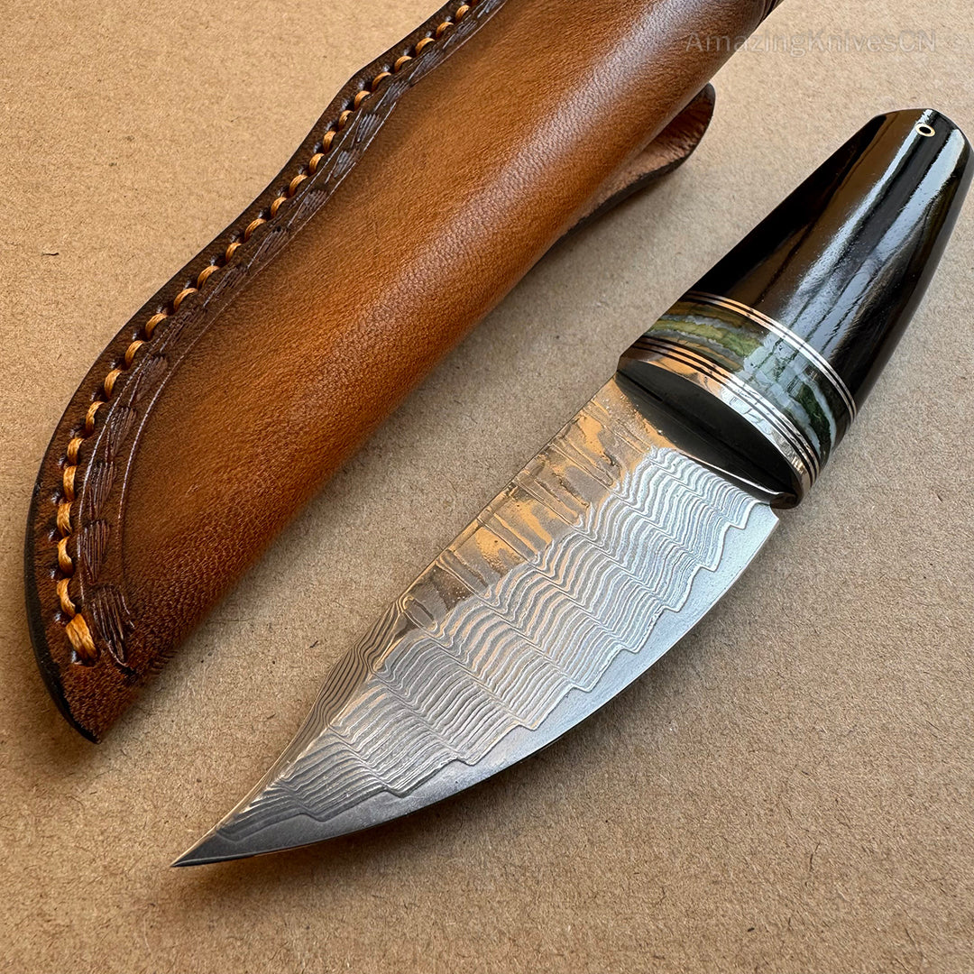 Collectible VG10 Damascus Utility Knife Fixed Blade Ebony Handle w/ Sheath - AK-HT0907