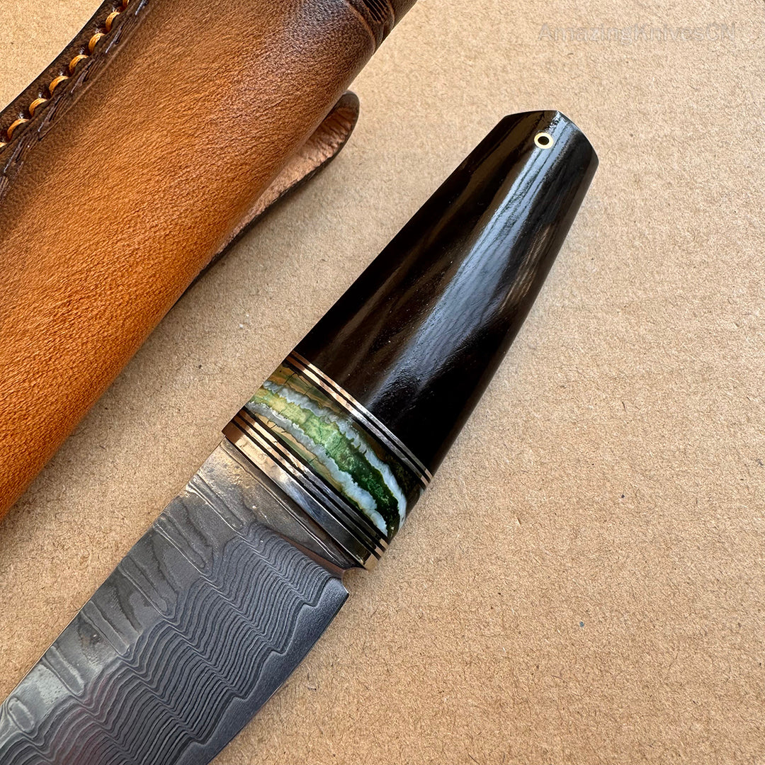 Collectible VG10 Damascus Utility Knife Fixed Blade Ebony Handle w/ Sheath - AK-HT0907